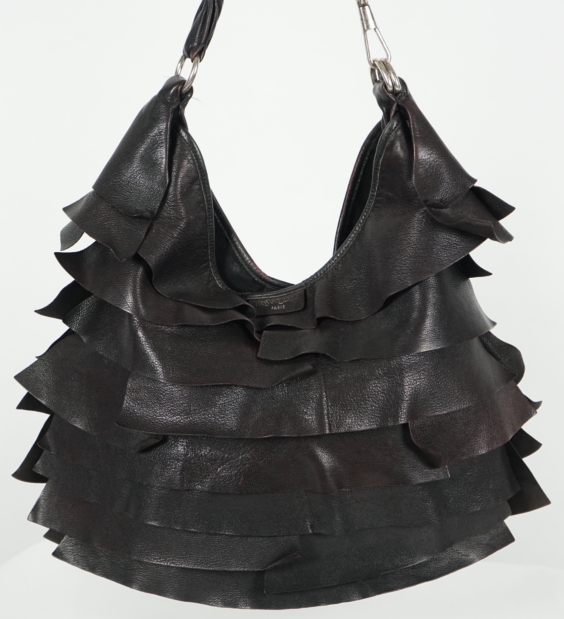 A vintage Yves Saint Laurent Chevre Ruffle Saint Tropez shoulder bag in black leather, designed by Tom Ford for YSL, c.1990's, width 40cm, height 38cm, max height overall 52cm, depth 3cm